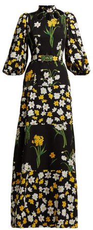 Daffodil Print Silk Gown - Womens - Black