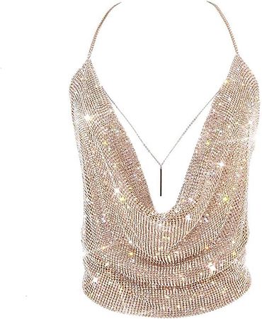 Sparkly Sexy Tops for Women Gold Deep V Neck Crop Tank Tops Cami Body Chain Top Medium