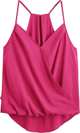 SheIn Women's Sleeveless Twist Front Wrap Cami Tank Top with Spaghetti Strap Tee Hot Pink Medium at Amazon Women’s Clothing store
