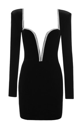 Clothing : Mini Dresses : 'Fiorel' Black Velvet Crystal Plunge Mini Dress
