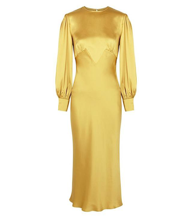 Olivia Von Halle Aureta Honey Mustard Bias-Cut Silk Midi Dress