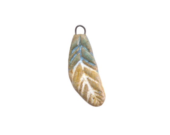 Gaea Ceramic Hand Painted Blue on Cream Curved Small Feather Focal 10x23-24mm - Lima Beads