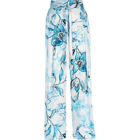 Blue floral belted wide leg satin trousers | River Island