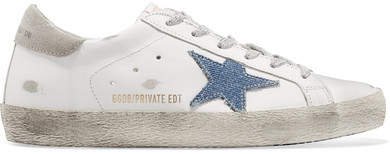 Superstar Distressed Leather And Denim Sneakers - White