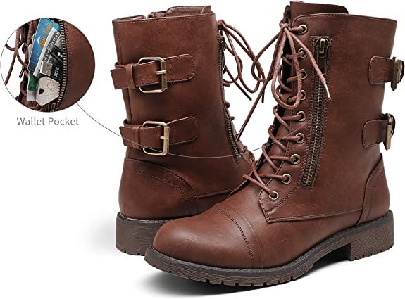 Amazon.com | Vepose Women's 29 Mid Calf Boots Black Combat Military Credit Card Wallet Pocket Boot Size 8(CJY929 black 08) | Mid-Calf