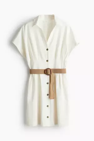 Shirt Dress with Belt - V-neck - Short sleeve -White -Ladies | H&M US