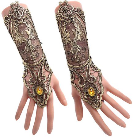 Amazon.com: Jurxy Bronzing Fingerless Gloves Women Gothic Floral Lace Steampunk Wristband Ring Vintage Beaded Handmade Lace Up Gloves Bridal Bracelet Ring Set - 1 Pair - Small Size : Clothing, Shoes & Jewelry