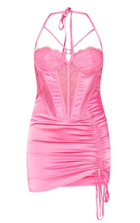 Pink Satin Lace Corset Halterneck Bodycon Dress | PrettyLittleThing USA