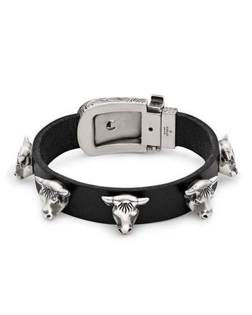 Gucci Men's Leather Bracelet w/ Silver Bull Stations | Neiman Marcus