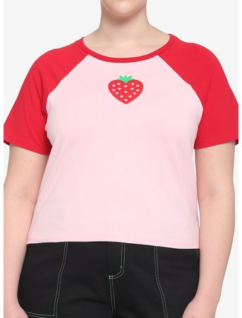 Red & Pink Strawberry Girls Raglan Crop T-Shirt Plus Size