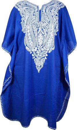 Orchid Blue Embroidered Caftan, Short Cotton Kimono Leisure Wear, Pool, Party, Stylish Hostess Dresses, L-2X at Amazon Women’s Clothing store