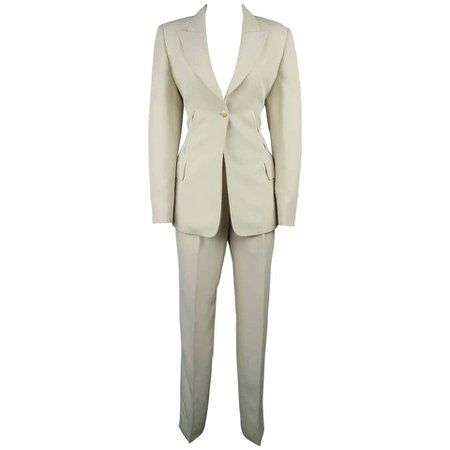 CLAUDE MONTANA Size 8 Beige Peak Lapel Single Button Pant-Suit For Sale at 1stdibs