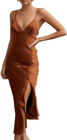 Amazon.com: HKMECRI Summer Satin V Neck Silp Midi Dress for Women Wedding Guest 2023 Sexy Spaghetti Strap Backless Long Dresses with Slit Brown : Clothing, Shoes & Jewelry