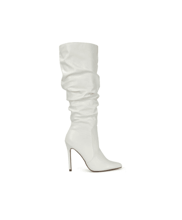 MILANI RUCHED POINTED TOE STILETTO HIGH HEEL KNEE HIGH BOOTS IN WHITE SYNTHETIC LEATHER