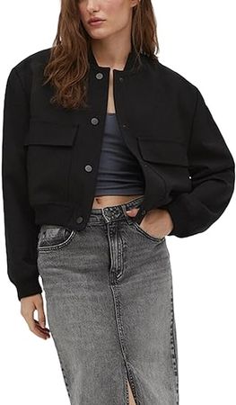 Amazon.com: Ameliever Cropped Bomber Jacket Women Button down Baseball Varsity Jacket with Pockets : Clothing, Shoes & Jewelry