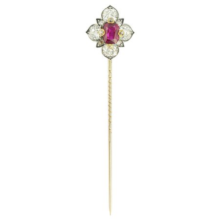 Victorian Ruby and Diamond Cluster Stick Pin For Sale at 1stDibs