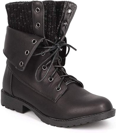 Amazon.com | Alrisco Women Sweater Cuff Lace Up Combat Ankle Boots SE66 - Black Leatherette (Size: 6.0) | Ankle & Bootie