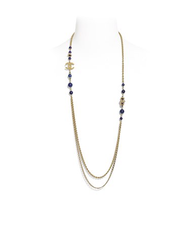 Long Necklace, metal, natural stones, glass pearls & strass, gold & blue - CHANEL