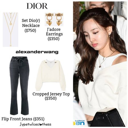Twice's Fashion on Instagram: “NAYEON GIMPO AIRPORT DIOR- Set Dio(r) Necklace ($750) & J'adore Earrings ($350) ALEXANDER WANG- Flip Front Jeans ($351) & Cropped Jersey…”