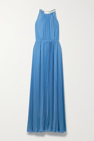 Light blue Chain-embellished plissé-georgette halterneck maxi dress | MICHAEL Michael Kors | NET-A-PORTER