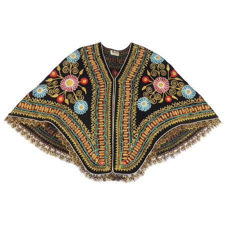 Black Floral Embroidered Bohemian Cape, 1970's For Sale at 1stDibs