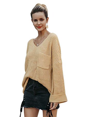BerryGo Women's Casual V Neck Oversized Sweater Loose Long Sleeve Pullover Sweater Khaki-L at Amazon Women’s Clothing store