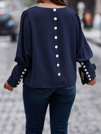 SHEIN Essnce Plus Button Back Gigot Sleeve Blouse | SHEIN USA