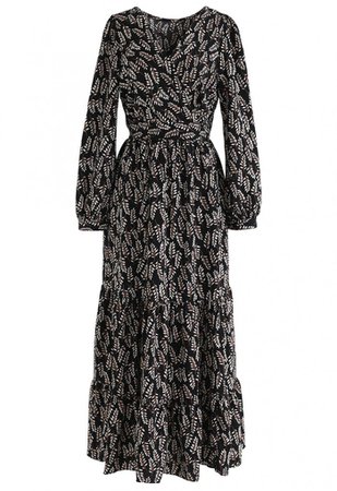 Summer Leaf Print Wrap Maxi Dress in Black - DRESS - Retro, Indie and Unique Fashion