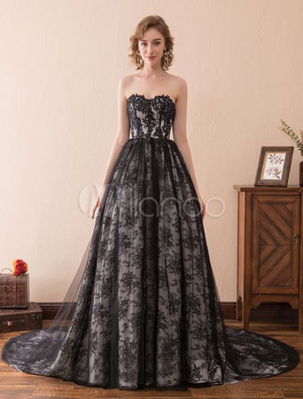 Black Wedding Dresses Lace Strapless Bridal Gown Sweetheart Neckline Princess Bridal Dress With Train - Milanoo.com