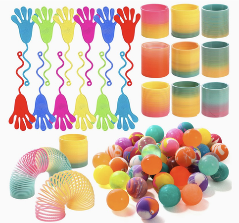 Pllieay 72 PCS Party Favors for Kids, Include 48pcs Bouncy Balls, 12pcs Sticky Hands and 12pcs Rainbow Slinkies For Birthday Party, Classroom Rewards, Carnival Prizes, Pinata Filler, Goodie Bag Filler