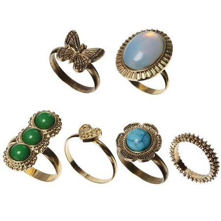 from polyvore · · · ASOS Butterfly & Stone Ring Multipack (£5.30) ❤ liked on Polyvore featuring jewelry, rings, accessories, gold, butterfly jewelry, stone rings, asos rings, butterfly ring and monarch butterfly jewelry