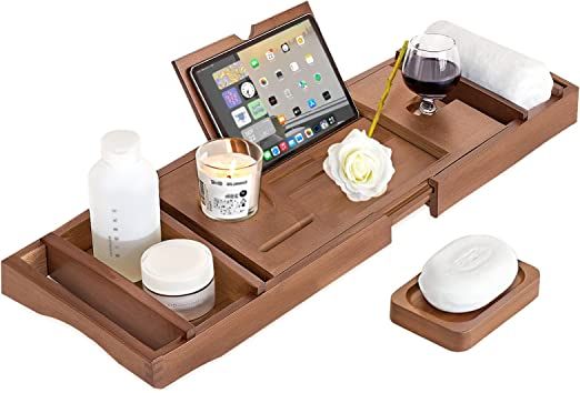 eletecpro Bamboo Bathtub Caddy Tray with Sliding Towel Holder, Wine Holder, Cup Placement, Soap Dish, Book Space & Phone Slot, Adjustable Natural Wood Bath Tub Organizer for Spa and Bathroom (Coffee) : Amazon.ca: Home