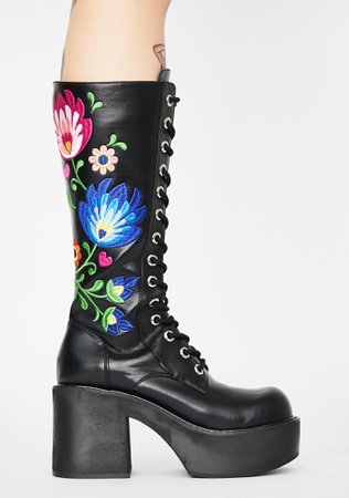 Current Mood Floral Embroidered Platform Boots - Black Rainbow | Dolls Kill