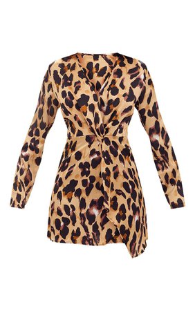 Leopard Print Satin Long Sleeve Wrap Dress | PrettyLittleThing