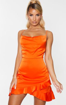 Orange Satin Frill Hem Detail Strappy Bodycon Dress | PrettyLittleThing
