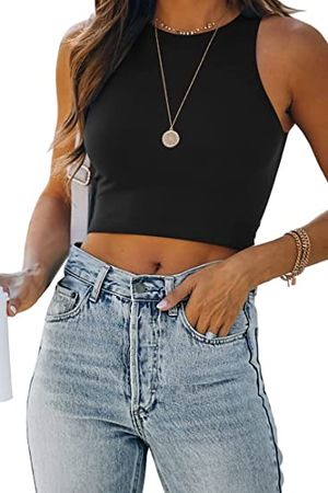 EFAN Womens Sexy Sleeveless High Neck Racerback Cropped Tank Tops Trendy Cute Shirts Teen Girls Summer Halter Neck Crop Tops at Amazon Women’s Clothing store