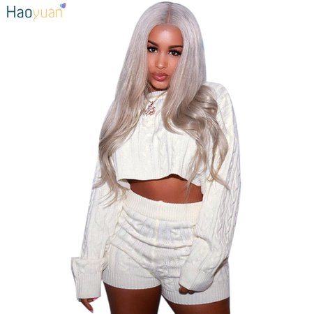 HAOYUAN Women Two Piece Set Sexy Club Outfits Sweater Crop Tops And Biker Shorts Knitted Suit Clothes Tracksuit Matching Sets-in Women's Sets from Women's Clothing on Aliexpress.com | Alibaba Group