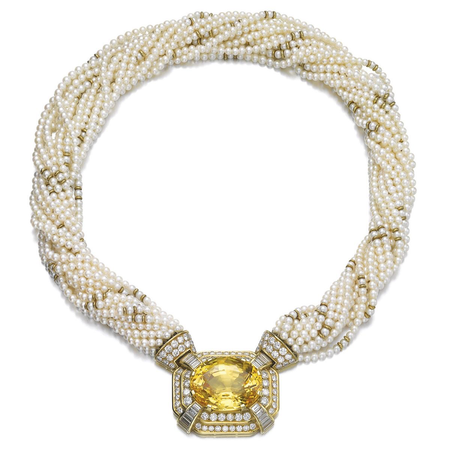 Yellow sapphire, seed pearl and diamond necklace, Bulgari