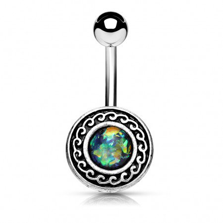Antique silver belly piercing with opal in tribal shield