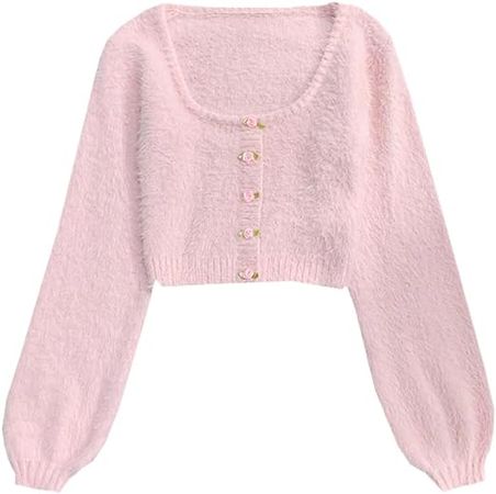 Sweater Women Cropped Sweater Pink Long Sleeve Top Flower Knitted Sweater Clothes Vintage at Amazon Women’s Clothing store