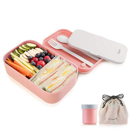 Amazon.com: Bento Lunch Box for Adults and Kids, Lunch Box Food Containers 2 Compartments with Sauce Cup, Leakproof BPA Free Microwave Dishwasher Safe (Flatware and Lunch Bag Included), Pink: Kitchen & Dining