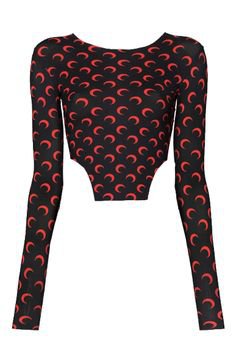 Long Sleeved Black Cropped Top With Red Crescent Moon Print