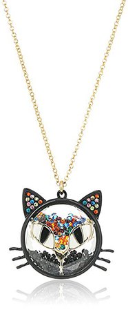 Betsey Johnson "Skeletons After Dark" Shaky Bead Faceted Stone Cat Long Pendant Necklace, 32.5" + 3" Extender: Jewelry
