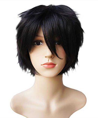 Amazon.com : Another Me Women Men's Layered Short Straight Wig Natural Black Hair Heat Resistant Fiber Wig Party Cosplay Accessories : Beauty