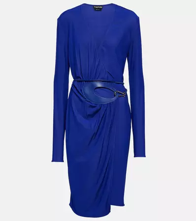 Leather Trimmed Wrap Dress in Blue - Tom Ford | Mytheresa