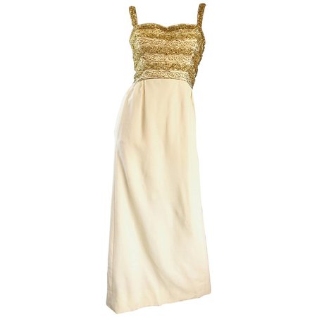 Gorgeous 1960s Joseph Magnin Ivory + Gold Beaded Vintage 60s Wool Evening Gown For Sale at 1stdibs