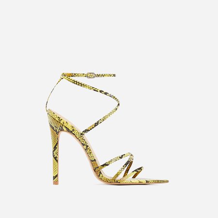 Kaia Pointed Barely There Heel In Yellow Snake Print Faux Leather | EGO