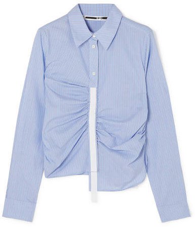 Asymmetric Grosgrain-trimmed Ruched Striped Cotton-poplin Shirt - Blue