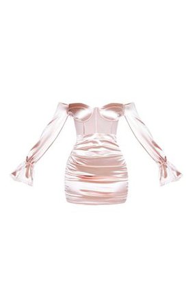 Dusty Pink Bardot Satin Mesh Ruched Bodycon Dress | PrettyLittleThing