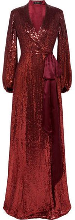 Aries Satin-trimmed Sequined Silk-chiffon Wrap Gown - Red